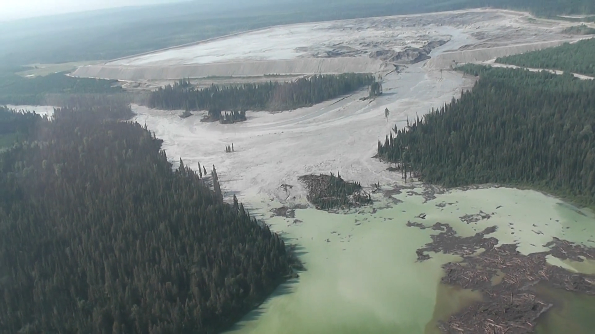 The results of a tailing pond breach at Imperial Metals Corp's gold and copper mine at Mount Polley in central British Columbia are pictured in this still image from aerial handout video